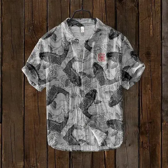 Slub Printed Short Sleeve Collar Shirt Red White — feature 6