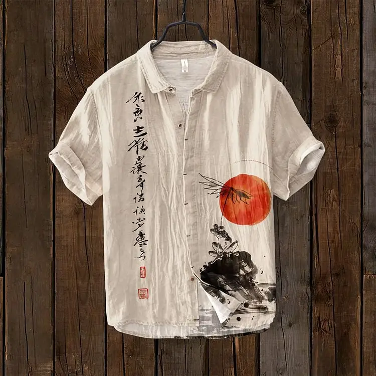 Slub Printed Short Sleeve Collar Shirt Red White - Image 6