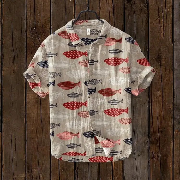 Slub Printed Short Sleeve Collar Shirt Red White - Image 7