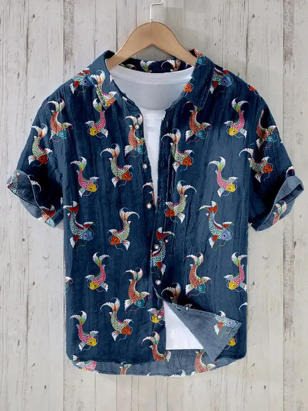 Slub Printed Short Sleeve Collar Shirt Red White - Image 8