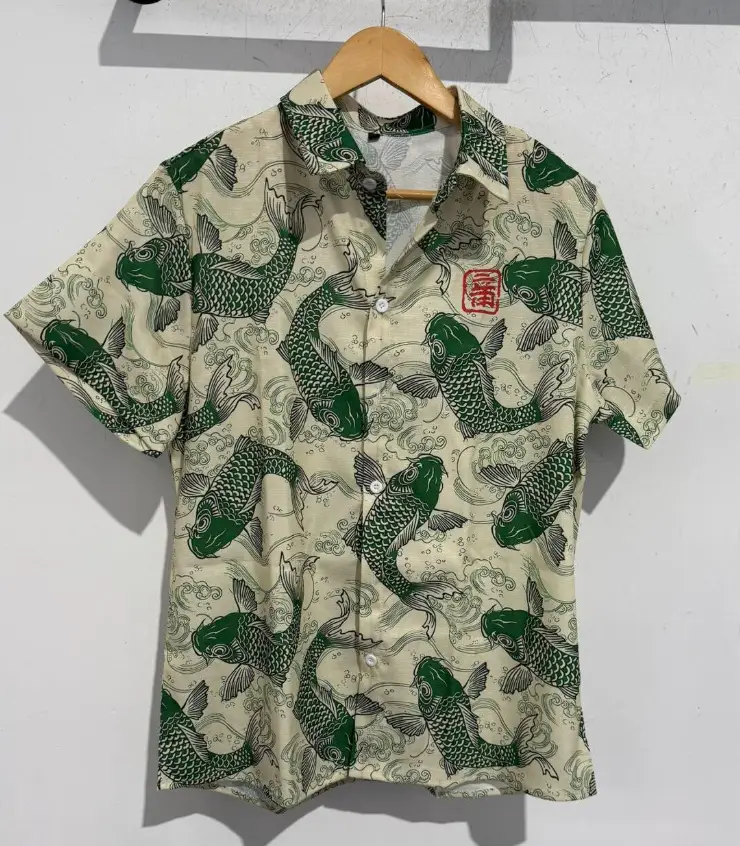 Slub Printed Short Sleeve Collar Shirt Red White - Image 9