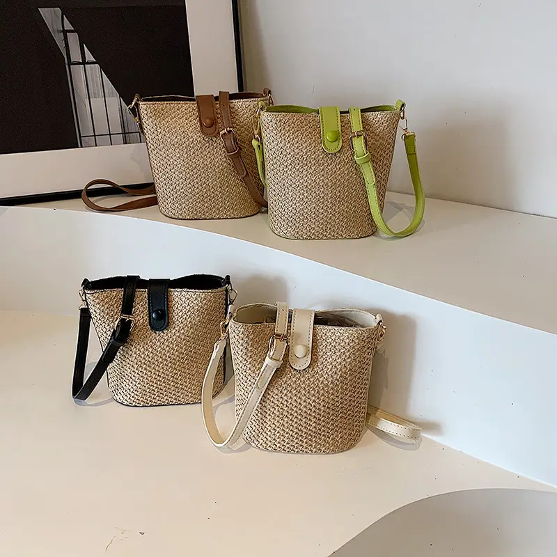 New Summer Woven Bucket Bag Large Capacity Beige - Image 5