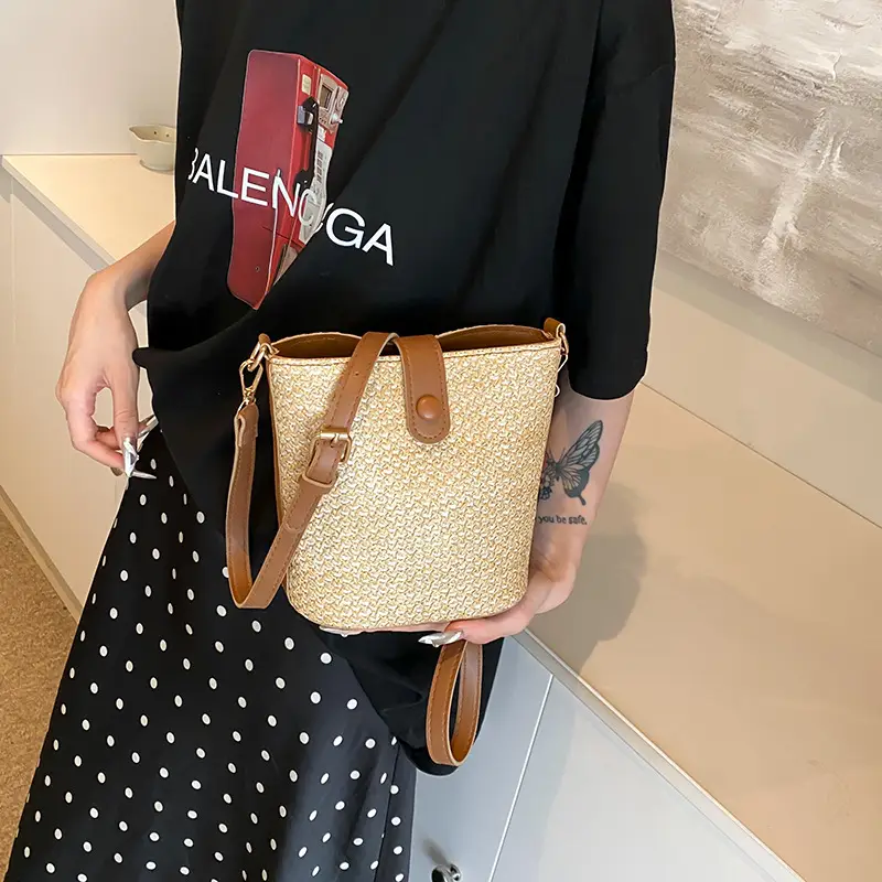 New Summer Woven Bucket Bag Large Capacity Beige - Image 6
