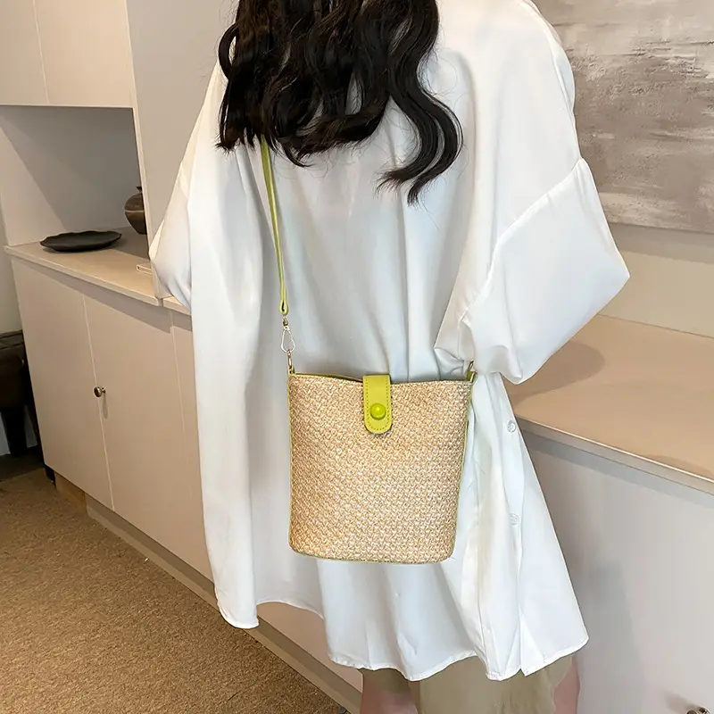 New Summer Woven Bucket Bag Large Capacity Beige - Image 7