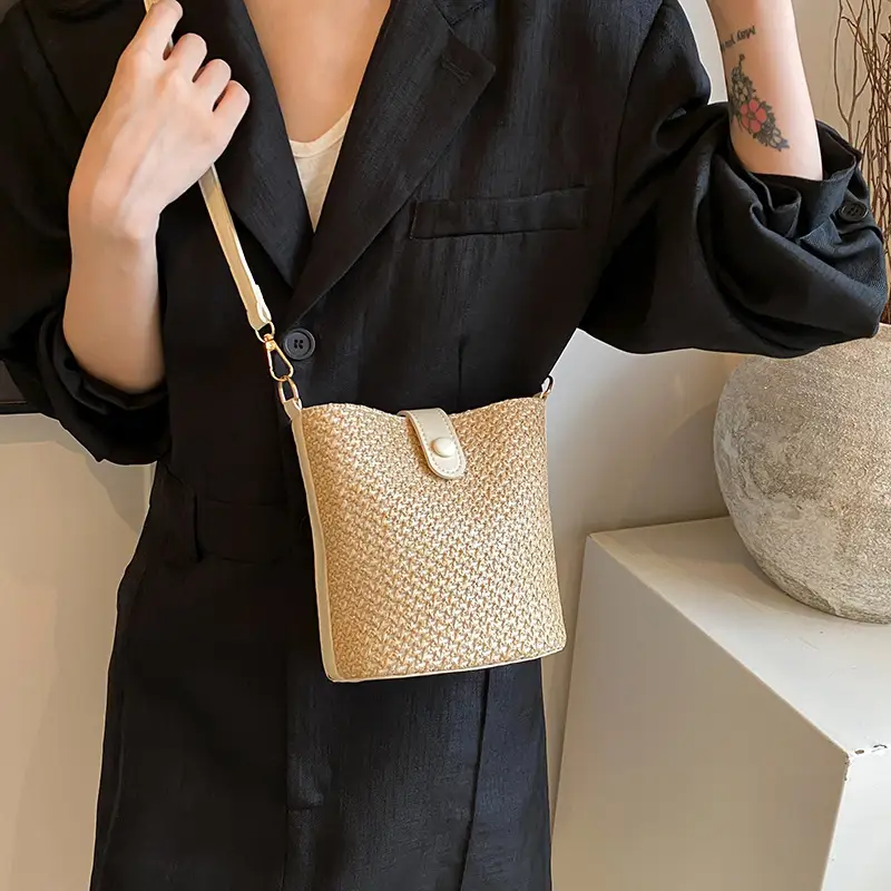 New Summer Woven Bucket Bag Large Capacity Beige - Image 8