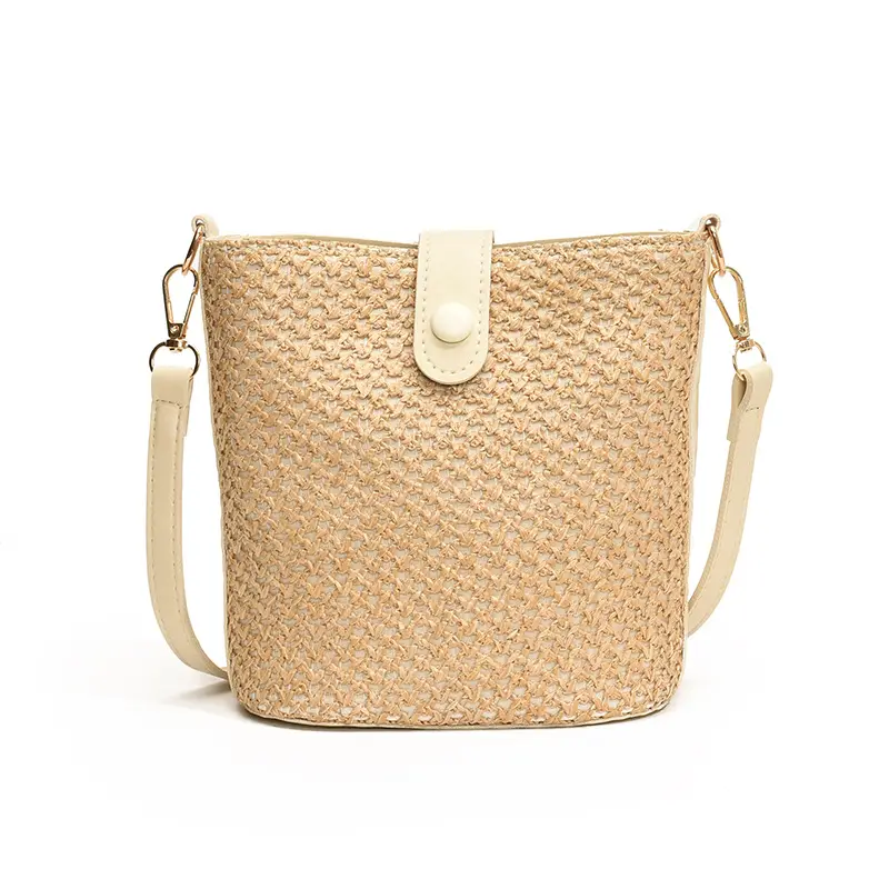 New Summer Woven Bucket Bag Large Capacity Beige - Image 9