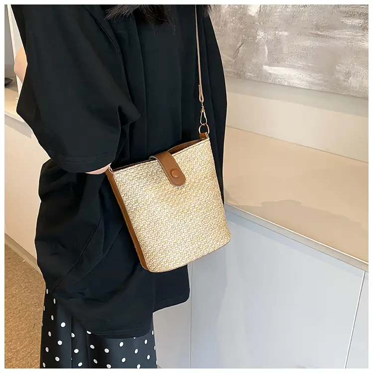 New Summer Woven Bucket Bag Large Capacity Beige — feature 8