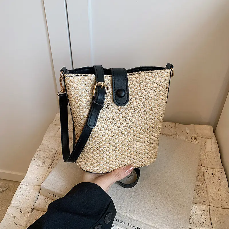 New Summer Woven Bucket Bag Large Capacity Beige - Image 2