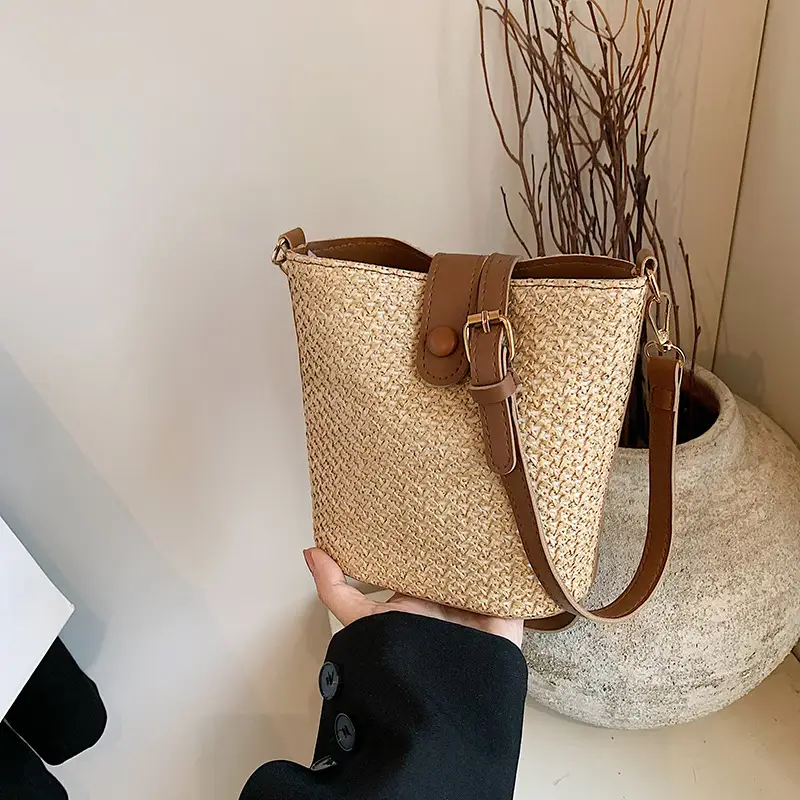 New Summer Woven Bucket Bag Large Capacity Beige - Image 3