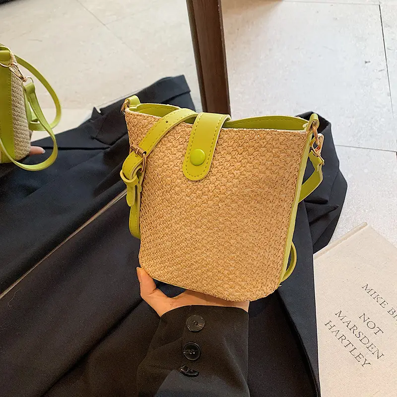 New Summer Woven Bucket Bag Large Capacity Beige - Image 4