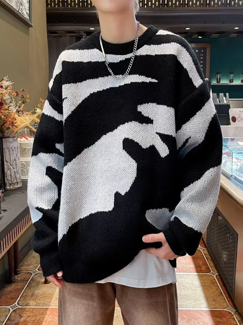 Men's Black & White Knit Sweater Lazy Wind