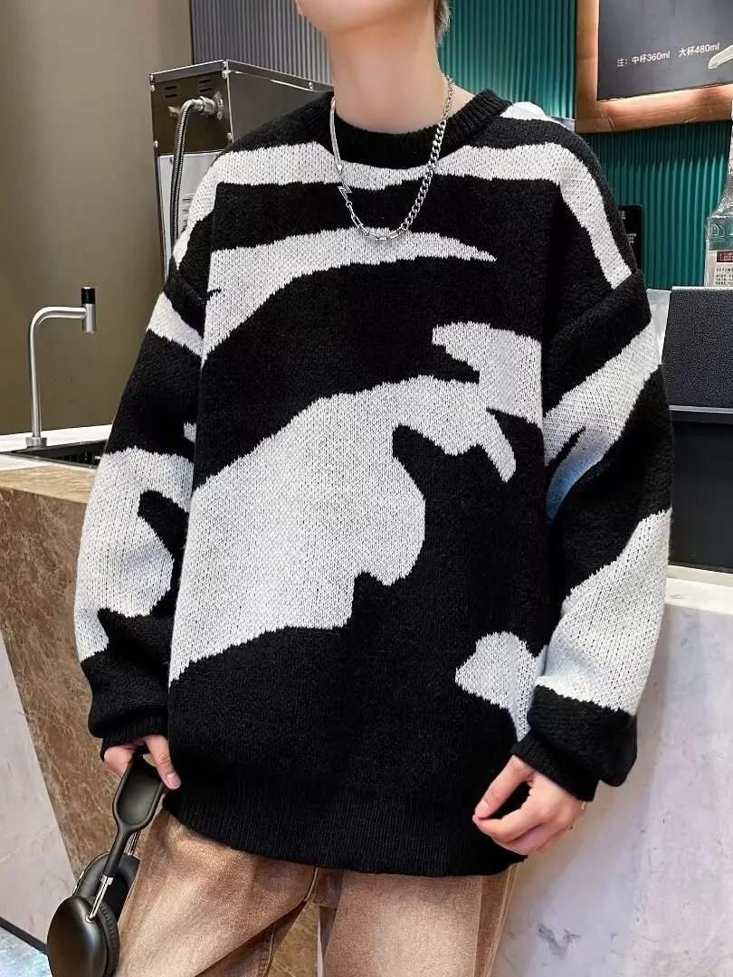 Men's Black & White Knit Sweater Lazy Wind