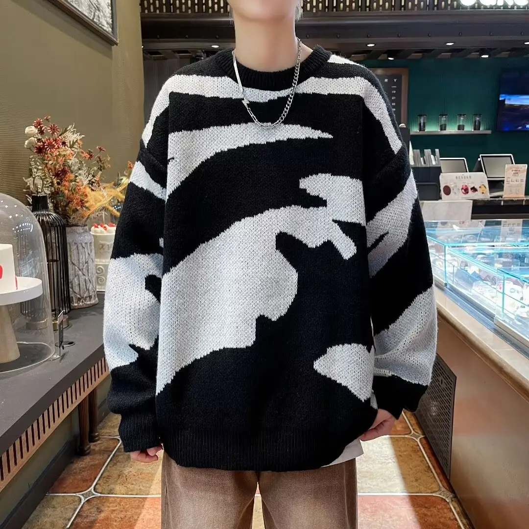 Men's Black & White Knit Sweater Lazy Wind — feature 1