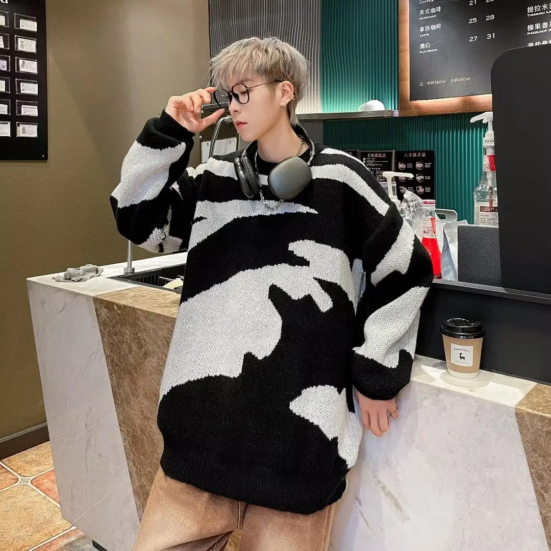 Men's Black & White Knit Sweater Lazy Wind — feature 9