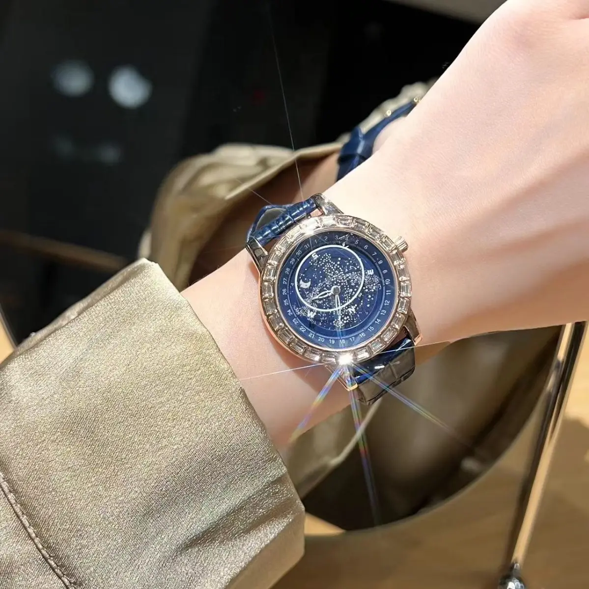 Luminous Blue Dial Waterproof Mechanical Watch with Red Leather Strap - Image 6