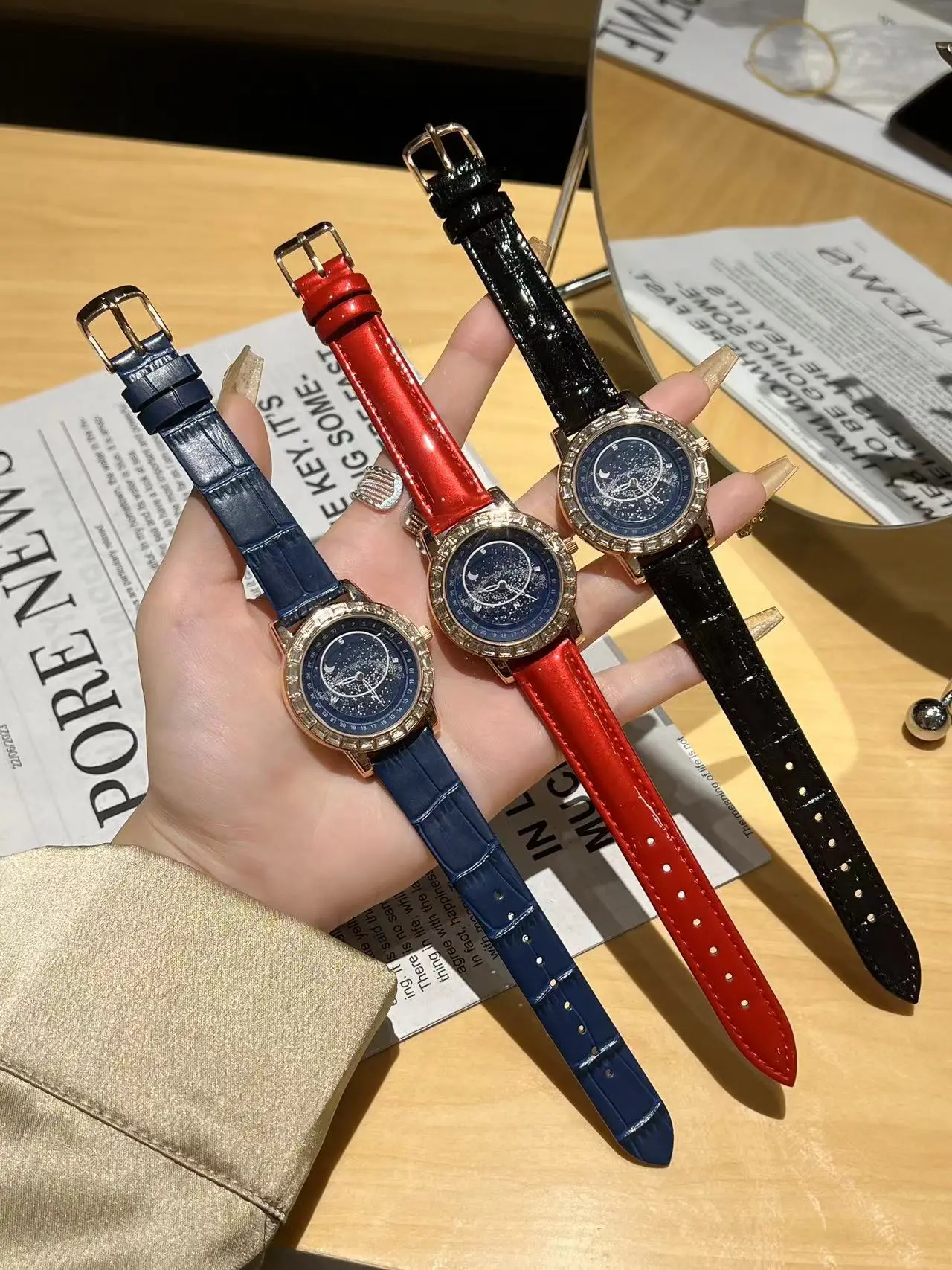 Luminous Blue Dial Waterproof Mechanical Watch with Red Leather Strap — feature 6