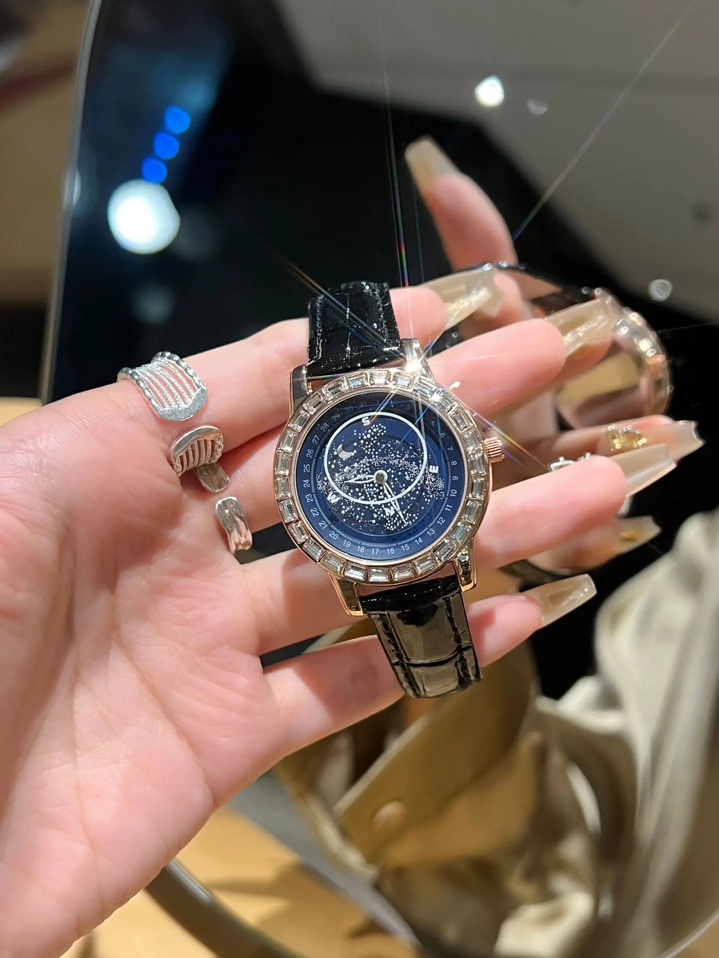 Luminous Blue Dial Waterproof Mechanical Watch with Red Leather Strap - Image 3