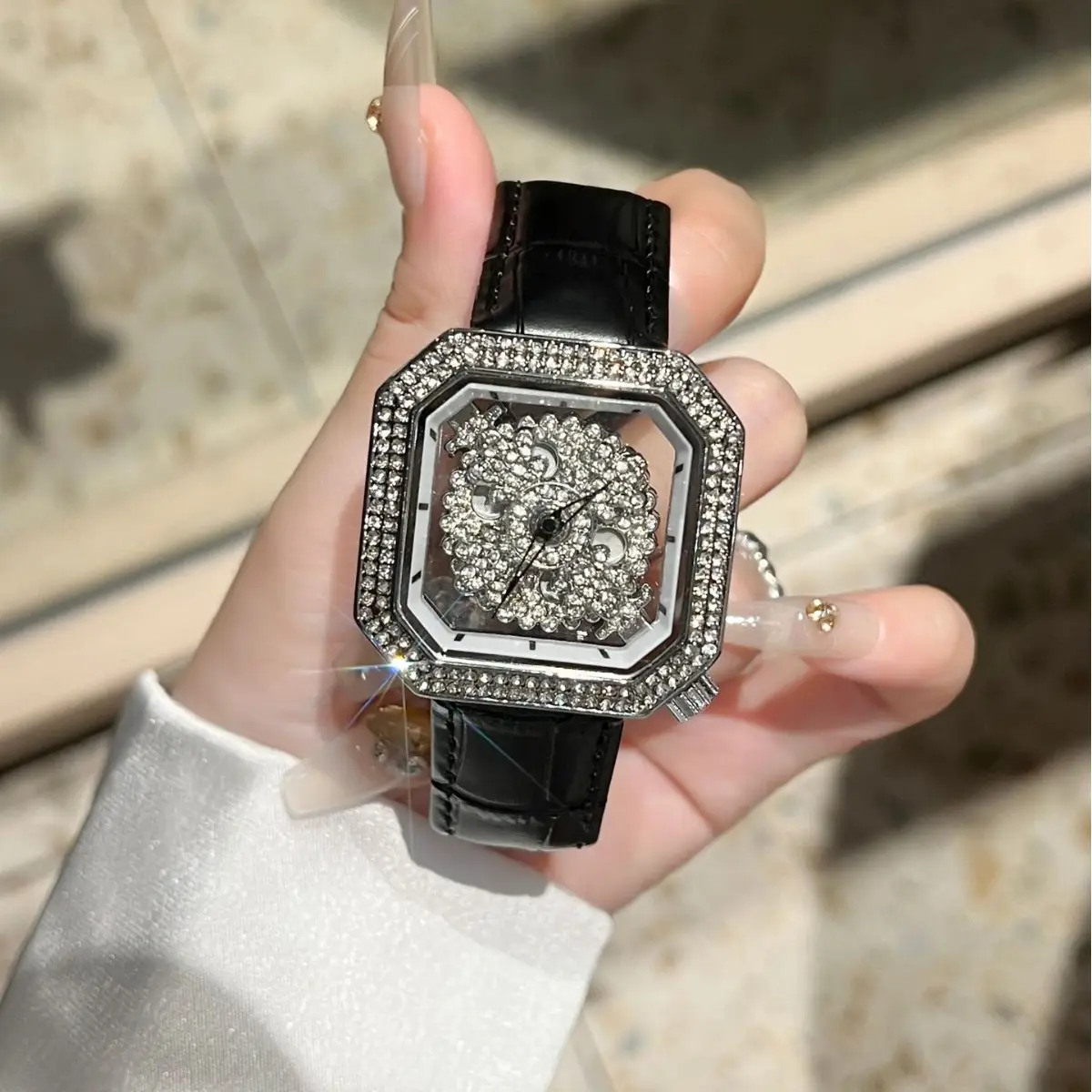 Diamond Encrusted Women's Square Watch with White Leather Strap - Image 4