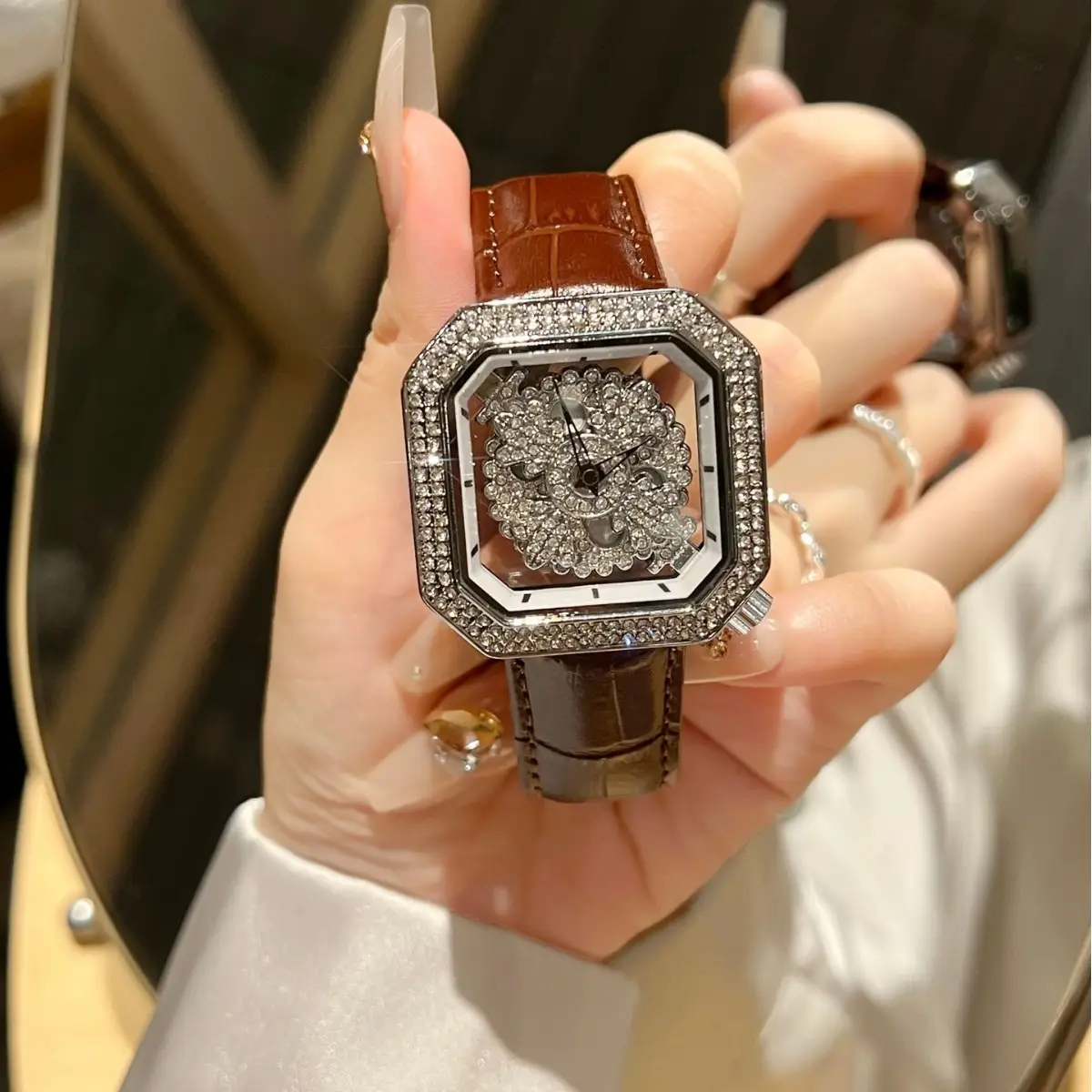 Diamond Encrusted Women's Square Watch with White Leather Strap - Image 5