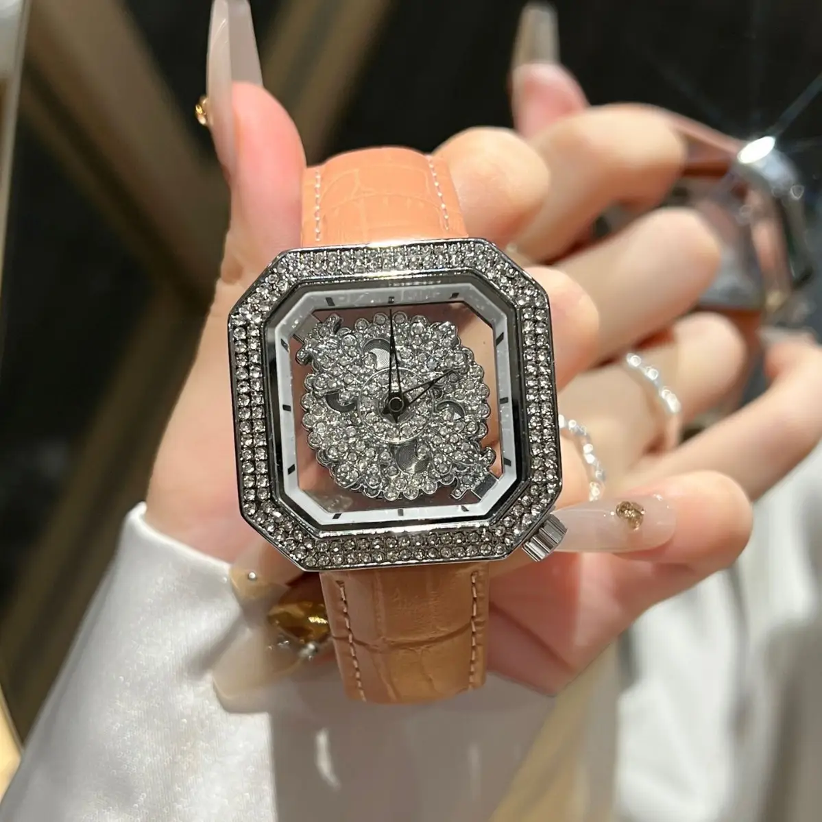Diamond Encrusted Women's Square Watch with White Leather Strap - Image 6