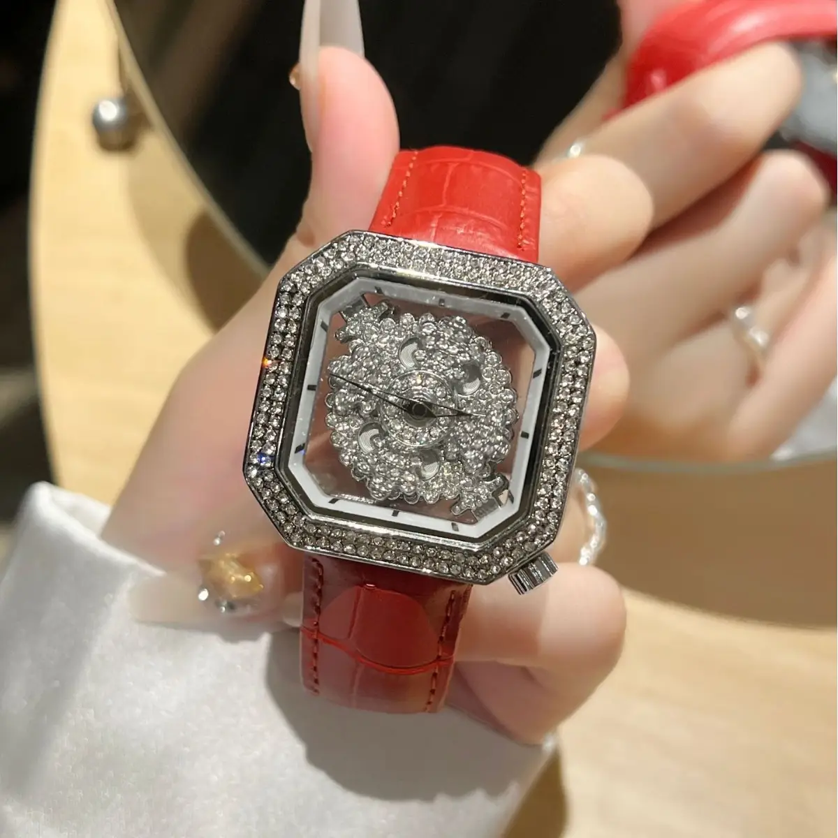 Diamond Encrusted Women's Square Watch with White Leather Strap - Image 7