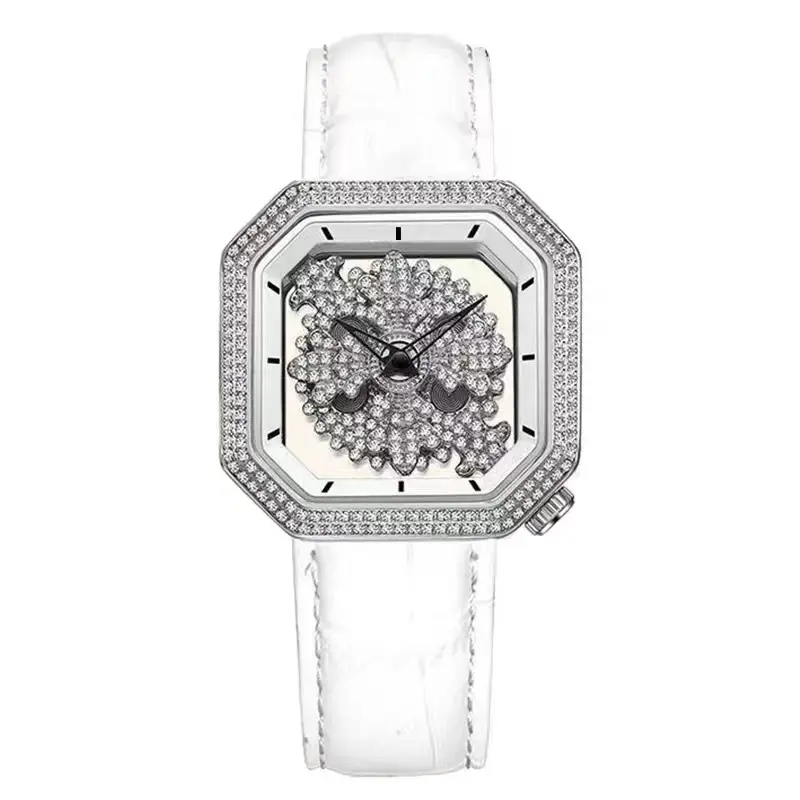 Diamond Encrusted Women's Square Watch with White Leather Strap - Image 8