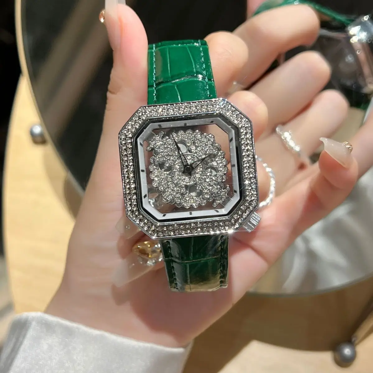 Diamond Encrusted Women's Square Watch with White Leather Strap - Image 3