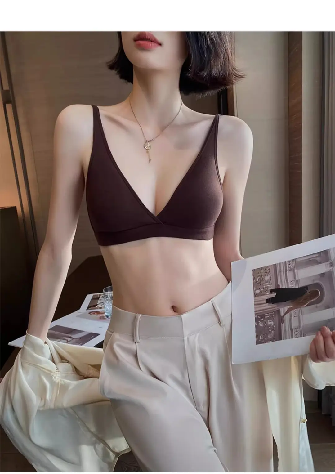 No Rings Underwear Women's Thin Comfortable Skin-Friendly Non-Marking French Style Sexy Deep V-Style Small Chest Flat Chest Triangle Cup Bra — feature 29