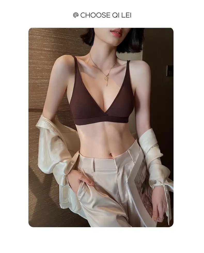 No Rings Underwear Women's Thin Comfortable Skin-Friendly Non-Marking French Style Sexy Deep V-Style Small Chest Flat Chest Triangle Cup Bra — feature 32