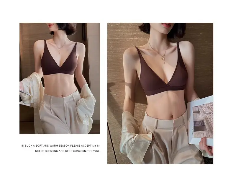 No Rings Underwear Women's Thin Comfortable Skin-Friendly Non-Marking French Style Sexy Deep V-Style Small Chest Flat Chest Triangle Cup Bra — feature 34
