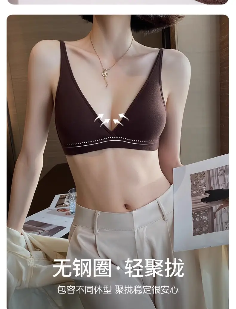 No Rings Underwear Women's Thin Comfortable Skin-Friendly Non-Marking French Style Sexy Deep V-Style Small Chest Flat Chest Triangle Cup Bra — feature 6