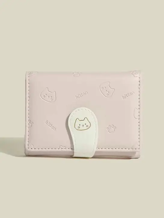 [Cat Tail] Korean version of cute ladies card bag fashion buckle with PU short three fold wallet