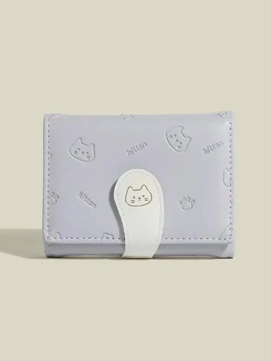 [Cat Tail] Korean version of cute ladies card bag fashion buckle with PU short three fold wallet