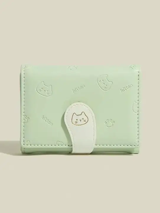 [Cat Tail] Korean version of cute ladies card bag fashion buckle with PU short three fold wallet