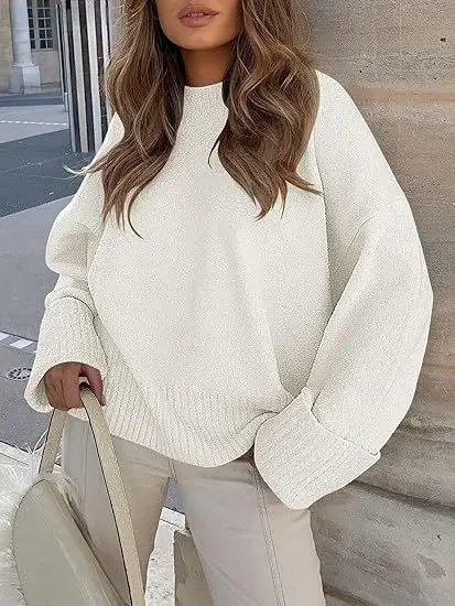 Women's Striped Round Neck Sweater White Black Loose Fit