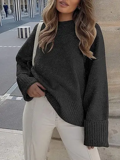 Women's Striped Round Neck Sweater White Black Loose Fit