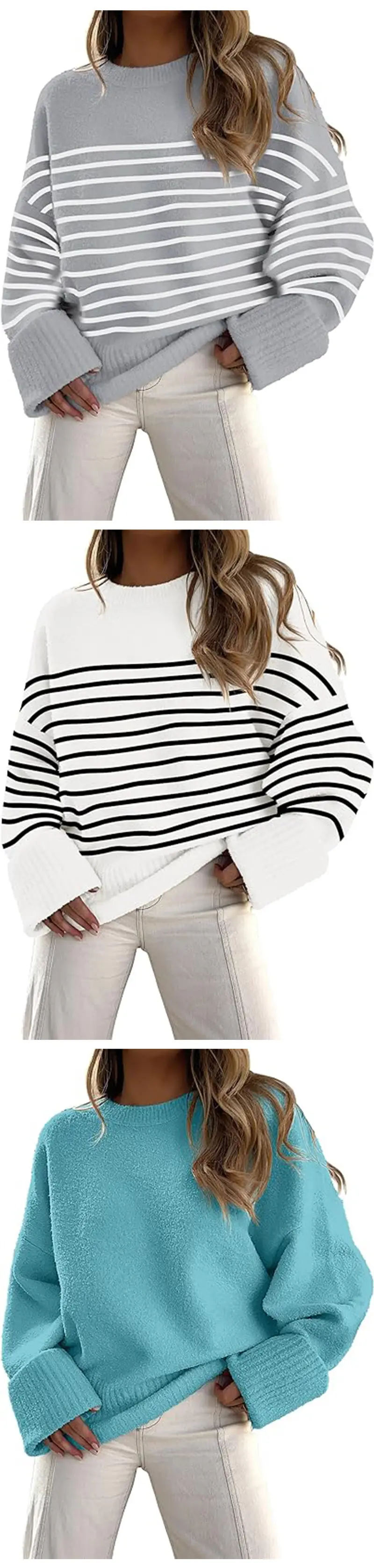 Women's Striped Round Neck Sweater White Black Loose Fit — feature 5