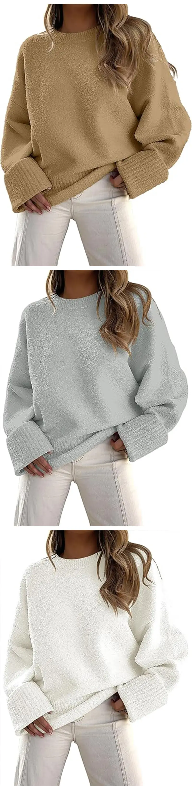 Women's Striped Round Neck Sweater White Black Loose Fit — feature 7