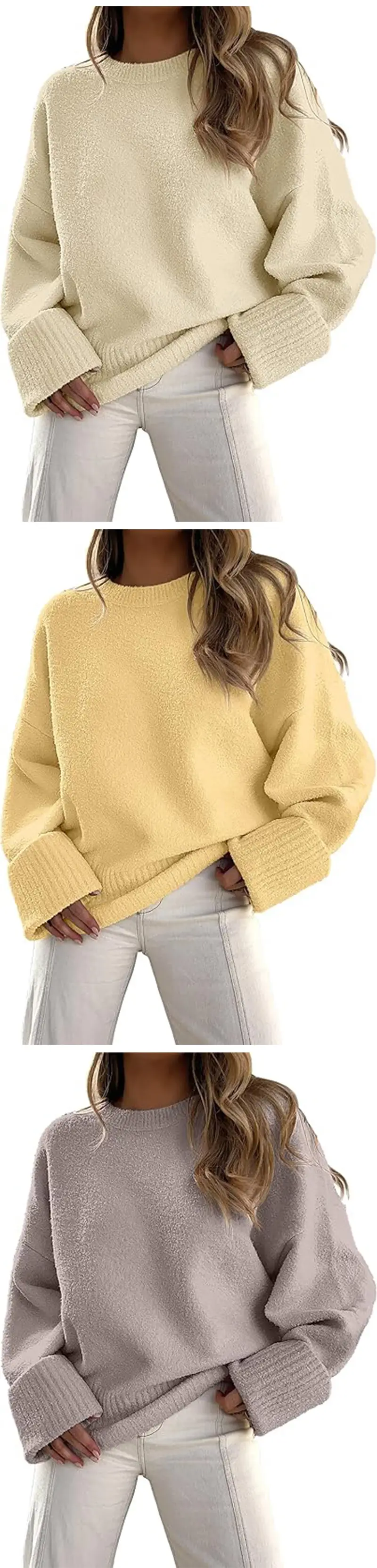 Women's Striped Round Neck Sweater White Black Loose Fit — feature 8