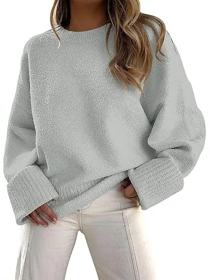 Women's Striped Round Neck Sweater White Black Loose Fit