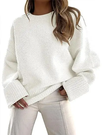 Women's Striped Round Neck Sweater White Black Loose Fit