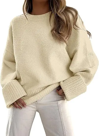 Women's Striped Round Neck Sweater White Black Loose Fit