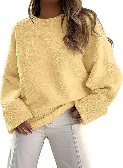 Women's Striped Round Neck Sweater White Black Loose Fit