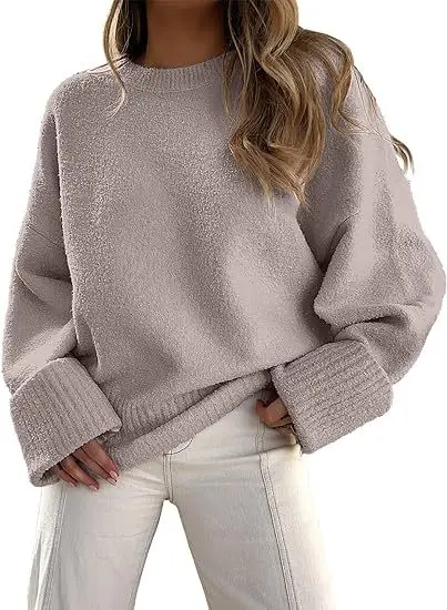 Women's Striped Round Neck Sweater White Black Loose Fit