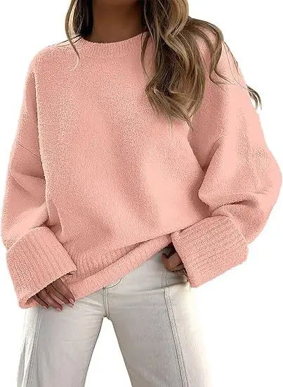 Women's Striped Round Neck Sweater White Black Loose Fit