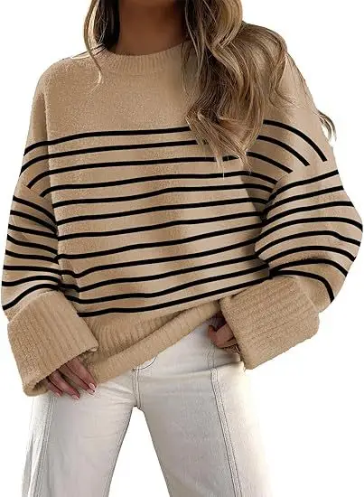 Women's Striped Round Neck Sweater White Black Loose Fit