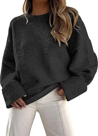 Women's Striped Round Neck Sweater White Black Loose Fit