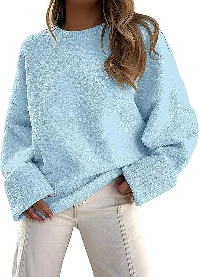 Women's Striped Round Neck Sweater White Black Loose Fit