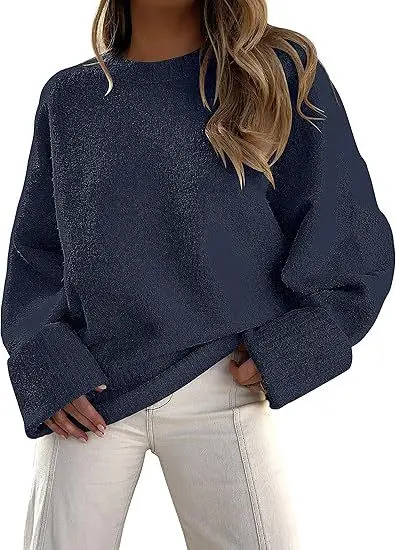 Women's Striped Round Neck Sweater White Black Loose Fit