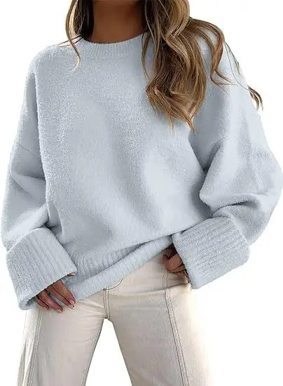 Women's Striped Round Neck Sweater White Black Loose Fit